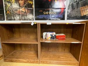 lot 1439 image: LOT OF 2 BOOKCASESSHELVES AS SHOWN. CONTENTS NOT INCLUDED