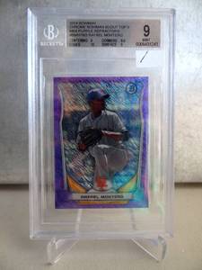 lot 1 image: BECKETT MINT 9 - 2014 Bowman Chrome Scout Top 5 Mini Purple Refractors #BMNYM3 Rafael Montero 99