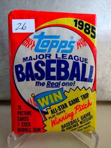 lot 26 image: 1985 TOPPS BASEBALL Wax Pack , ROOKIE, McGwire, Puckett, Gooden, Clemens