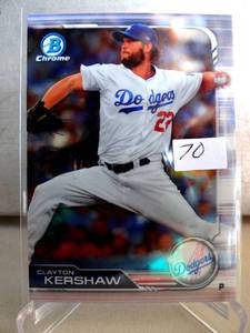 lot 70 image: 2019 Bowman Chrome Base #64 Clayton Kershaw - Los Angeles Dodgers