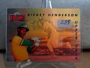 lot 239 image: 1993 Upper Deck Then And Now #TN3 Rickey Henderson HOLO - NM-MT