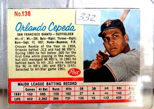 lot 332 image: 1962 POST # 136 Orlando Cepeda San Francisco Giants VG