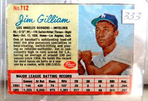 lot 333 image: Vintage 1962 Post Cereal Jim Gilliam #112 Dodgers