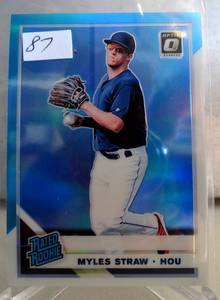 lot 87 image: ROOKIE - Myles Straw 2019 Panini Donruss Blue White Optic Prizm Rated Rookies #59 RC
