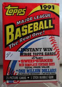 lot 91 image: 1991 Topps Baseball Wax Pack unopened pack  (Chipper Jones RC) 15 cards