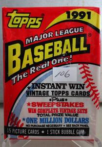 lot 106 image: 1991 Topps Baseball Wax Pack unopened pack  (Chipper Jones RC) 15 cards