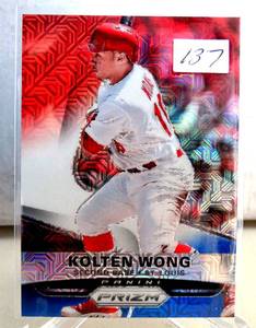 lot 137 image: Kolten Wong - 2015 Panini Prizm - #104 - Red, White and Blue Mojo Prizm - STL