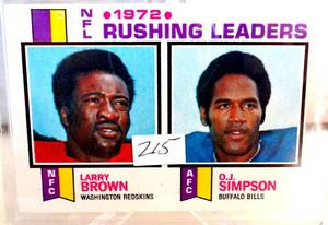 lot 215 image: VINTAGE 1972 NFL RUSHING LEADERS LARRY BROWN OJ SIMPSON 1973 Topps card #1 Football EX