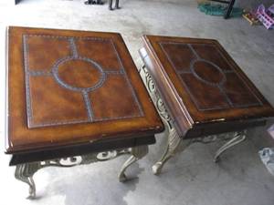 lot 7 image: 2-Matching Heavy Iron And Wood Top End Tables With Center Drawers