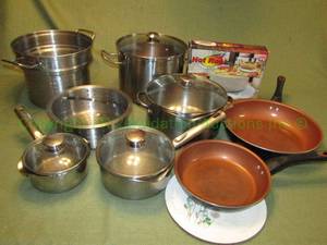 lot 104 image: Farberware copper coated pans and Wearever stainless steel pan set plus