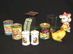 lot 107 image: Disney salt & pepper shakers, Vintage Mid-century fruit cans, and more as shown