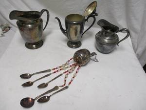 lot 97 image: LOT- Silver Plate Pitchers, And Shop Made Wind Chime