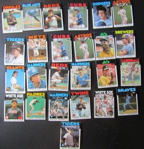 lot 75 image: TOPPS 1986- Various Players and Teams. Cards 101-198. Not consecutive. 25 cards total. Fair condition, slight fade and worn edges.