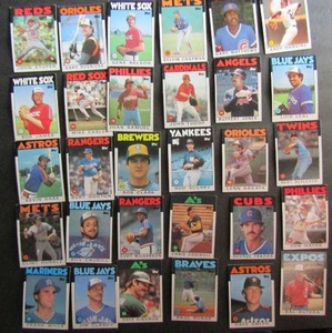 lot 78 image: TOPPS 1986- Various Players and Teams. Cards 407-497. Not consecutive. 30 cards total. Fair condition, slight fade and worn edges.