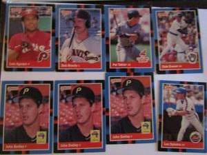 lot 179 image: � 1988 DONRUSS- tagged 1987 leaf. Various players and teams. Cards 185-449. Not consecutive. 8 cards total. Average condition, edge ware and fading.