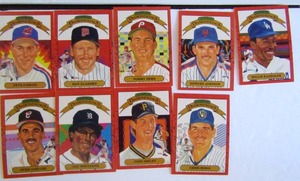 lot 185 image: � DONRUSS �Diamond Kings�- tagged 1989 Leaf. Various players and teams. Cards 15-24. Not consecutive. 9 cards total. Great condition.