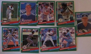 lot 224 image: DONRUSS 1991- various teams and players. Cards 728-748. Not consecutive.9 cards total. Average condition, some bend, slight fade and worn edges.