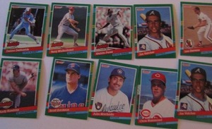 lot 225 image: DONRUSS 1991- various teams and players. Cards BC-12 thru BC-10 and 753-767. Not consecutive.10 cards total. Average condition, some bend, slight fade and worn edges.