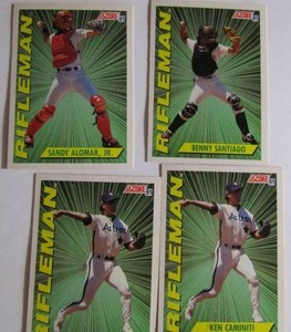 lot 235 image: � SCORE 1991 �RIFLEMAN�. Cards 415, 416, 694. 4 cards total. Average condition, edge staining.