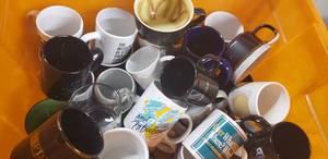 lot 138 image: Misc. Mugs includes 50 and fabulous, Glass beer or float mug, and decorative hand made mugs and cups