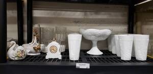 lot 21 image: Vintage grapevine motif milk glass compote and matching tumbler cups plus more