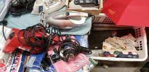 lot 89 image: Utility Lot includes vacuums, steamers, ironing board, iron and tableclothes