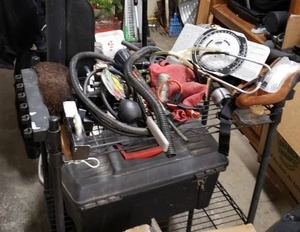 lot 132 image: Large amount of Automotive Tools, tool box, battery testers, wrenches, trailer hitch, lots of misc. tools and hard to find items including a Flight gage