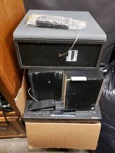 lot 97 image: Large amount of stereo and DVD components, monoprice speaker control, speakers and sub see pictures