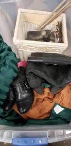 lot 203 image: Misc. Odds and Ends Shoes, Tablecloths, Wicker Trash Basket, Small Silver Plated Platters