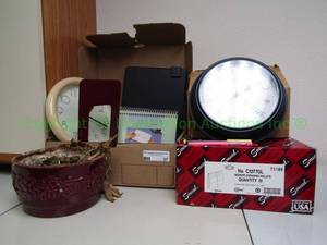 lot 37 image: Wall clocks and assorted office supplies
