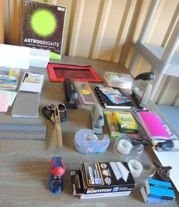 lot 62 image: Office supplies- pens, sticky notes, stapler, tape, chalk and more