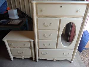 lot 2 image: Stanley 5 drawer 1 door with shelves chest of drawers 51x36x17 cream color has mirrored door. Stanley 2 drawer side table 25x25x15 cream color