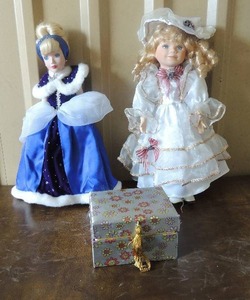 lot 84 image: Cinderella doll in blue dress 17 tall, jewlery box, porcelain doll in white dress 26.5 tall