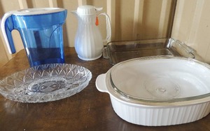 lot 92 image: 4 liter covered corning ware dish, glass chip and dip tray, glass Pyrex oven pan 2 pitchers