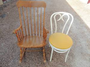lot 97 image: Wooden Rocker good condition 40hx 22w and yellow and white kitchen chair 35x17