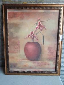 lot 108 image: Canvas red vase wall art 26x32