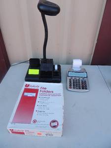 lot 120 image: File folders, 100 letter size in original box, lighted desktop caddy paper calculator