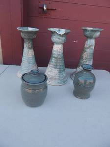 lot 121 image: 3 Kelle M   pottery candle STANDS- 1 has broken piece by side  12 x 3  & 2 CHRISTI 96 POTTERY PIECES JAR  & VASE