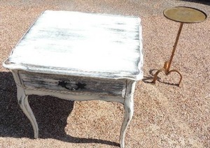 lot 9 image: Metal plant stand table 29x11. Vintage  white scuffed night stand with one drawer 22x 24x24