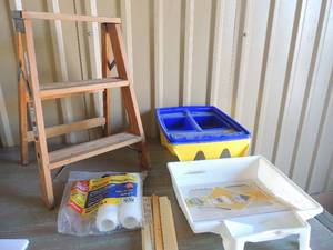 lot 26 image: 2 new paint roller pans, 2 new white dove paint rollers, Werner 2 ft. step ladder like new
