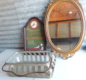 lot 106 image: 26 round wall mirror, metal basket, Billiard Parlor pool wooden sign