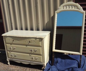 lot 12 image: Lea The Bedroom People 3 drawer vanity with removable mirror. With mirror 57H x 24