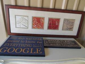 lot 15 image: Kitchen photo 14x38 , Google photo plaque 16x12 blue with gold words,  Immature wall plaque 16x5