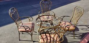 lot 30 image: Glass Top Table and Chairs with Metal Frame and Upholstered Seats, Glass Top Pictured Separtely