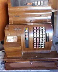 lot 3 image: Rare National Antique Cash Register made out of Ribbon Stripped Mahogany, FR789377  1054-X-G