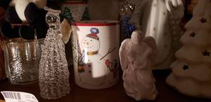 lot 68 image: Christmas Decor Santa Figurine, Angels and Candle Holders