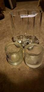 lot 84 image: Heavy Bottom Glass Containers Matching large votives and unique Round Shaped Vase