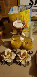 lot 87 image: Fitz and Floyd Fruit China Pedestal, Rose Ceramic Taper Candle Holders, and more