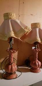 lot 23 image: Vintage Ceramic Desk Lamps with Ruffled Shades (2 Total)