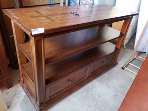 lot 16 image: Wooden Side Table with Shelves and Drawers